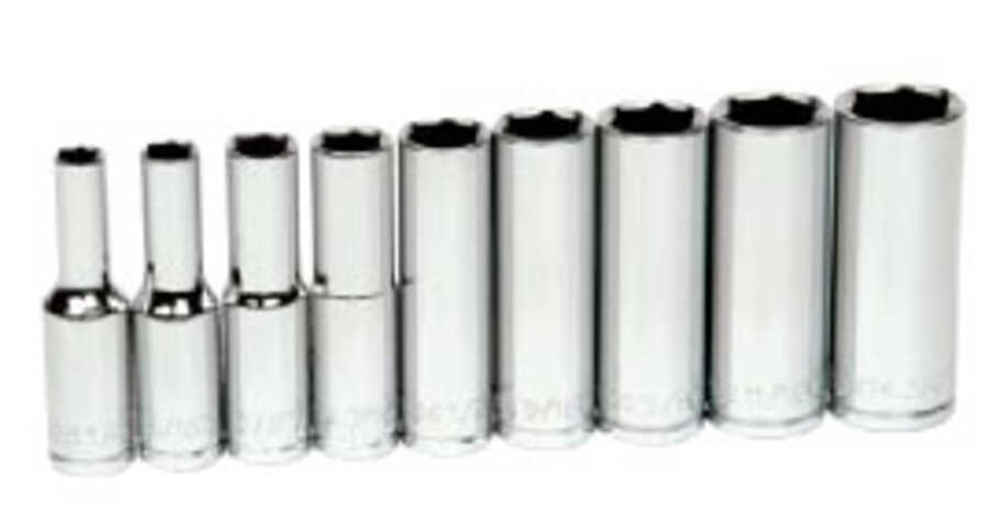 9 pc 3/8" Drive 6-Point SAE Deep Socket Set on Rail and Clips