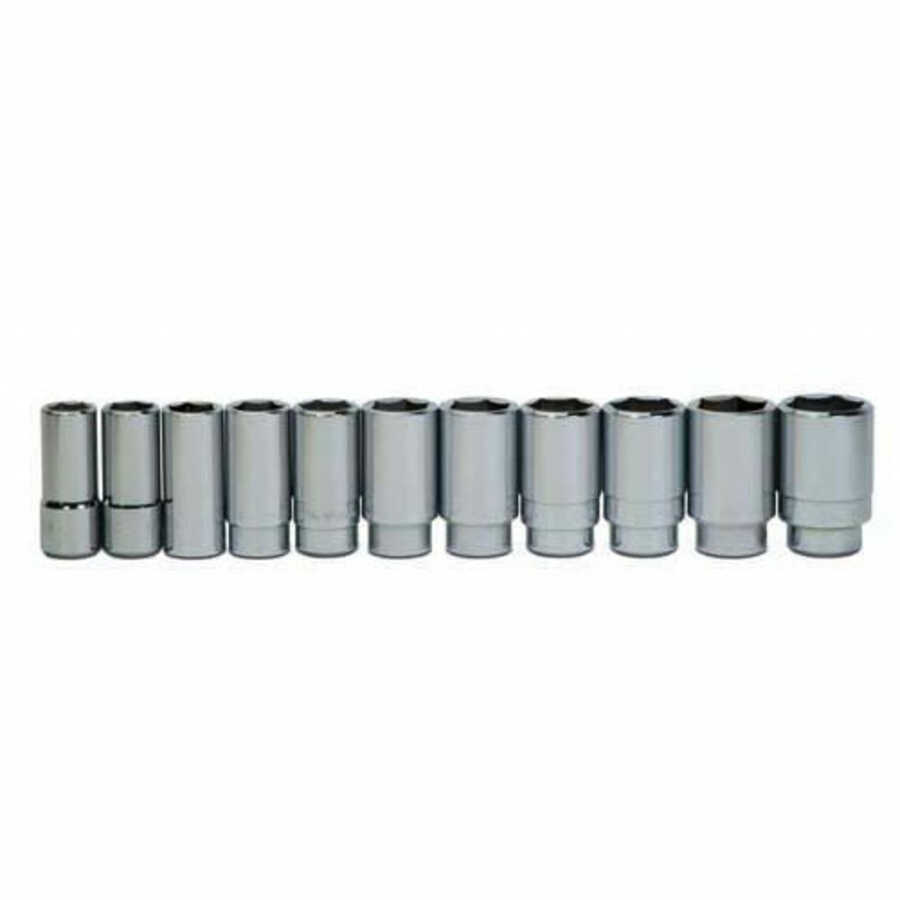 11 pc 3/4" Drive 6-Point SAE Deep Socket Set on Rail and Clips