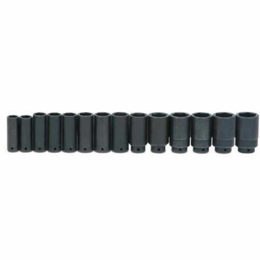 14 pc 1/2" Drive 6-Point SAE Deep Impact Socket Set on Rail and