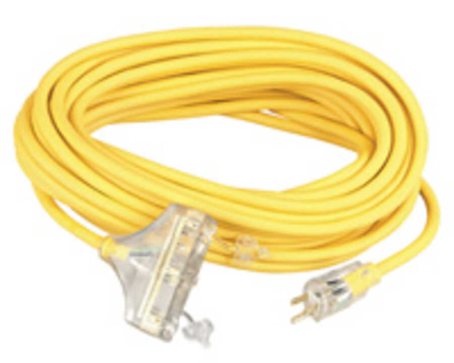 12/3 25' SJTW Tri-Source Extension Yellow Cord w/ Lighted End