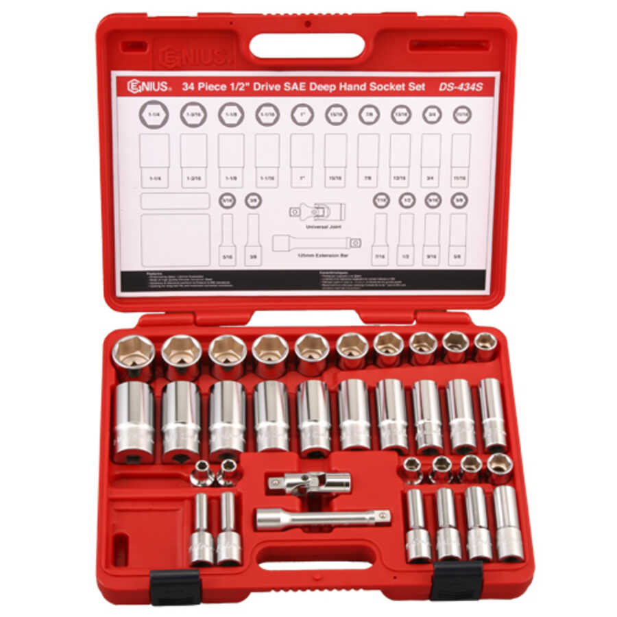 Genius Tools | DS-434S | 34 Pc 1/2" Drive SAE Master Socket Set - Genius Tools DS-434S