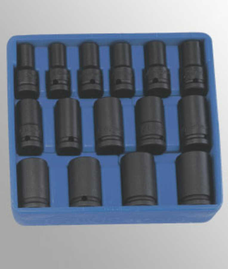 15 Pc 1/2" Drive Metric Deep Thin Wall Impact Socket Set 12 Pt