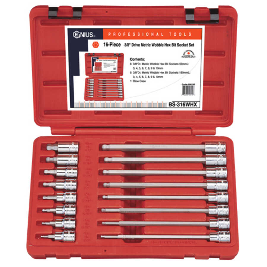 16PC 3/8" Dr. Metric Long Wobble Hex Bit Socket Set