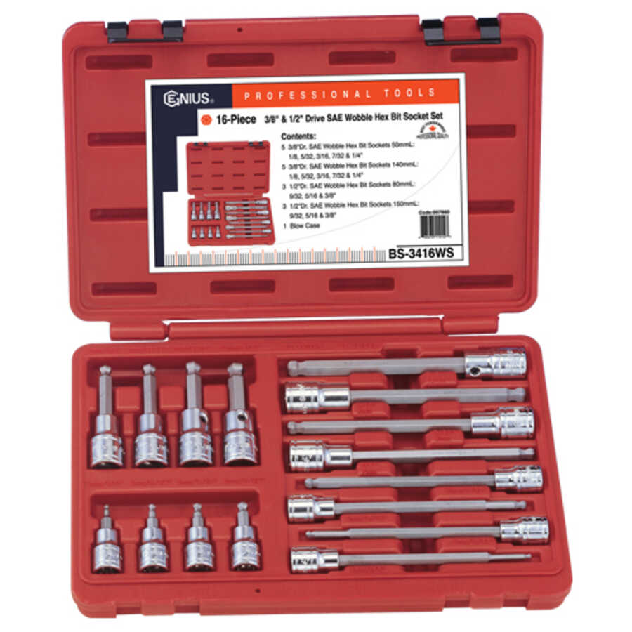 16PC 3/8 & 1/2" Dr. SAE Long Wobble Hex Bit Sockets