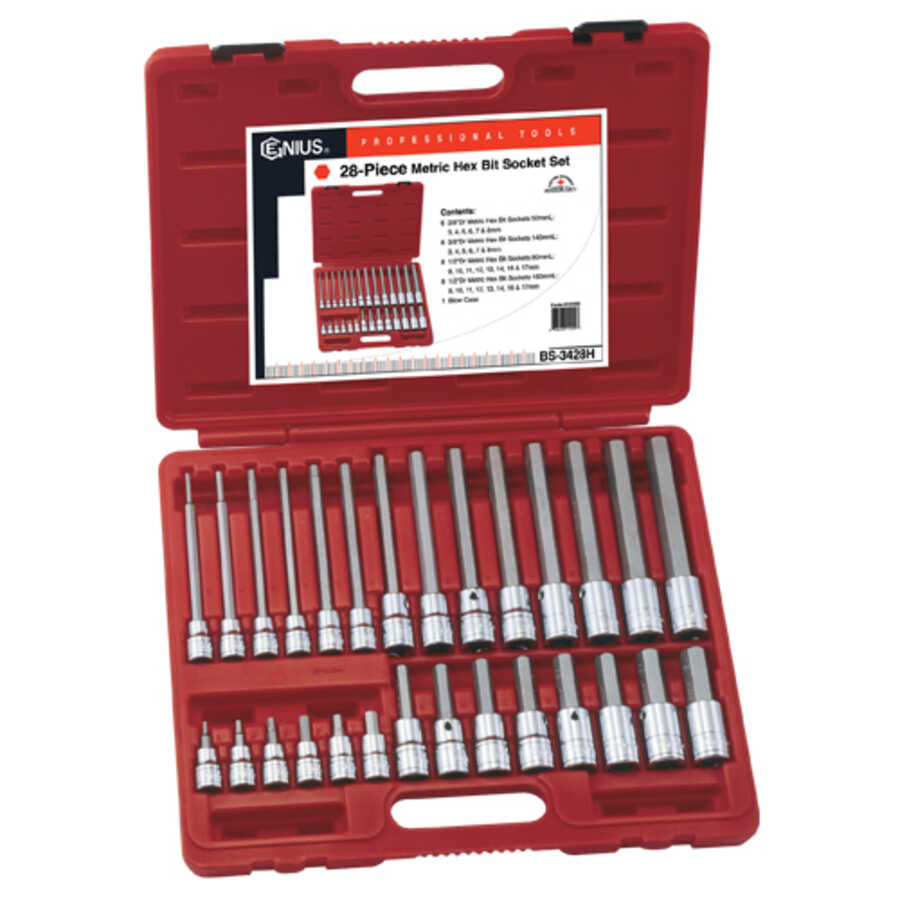 28PC 3/8 & 1/2" Dr. Metric Long Hex Bit Socket Set