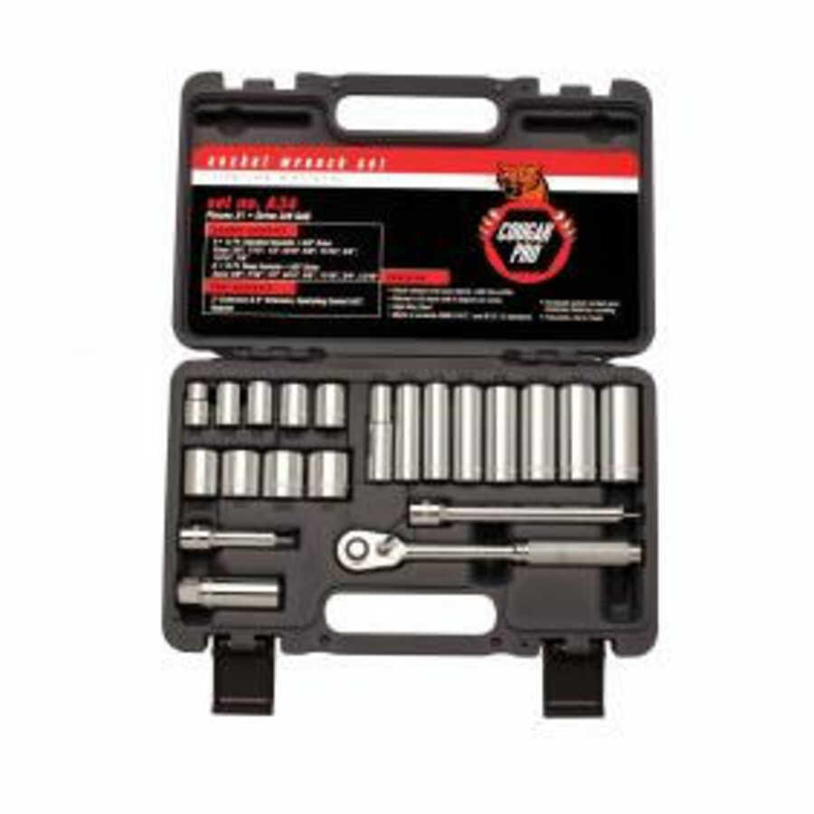 3/8 Inch Drive 12 Pt Std & Deep Cougar Socket Set 21 Pc