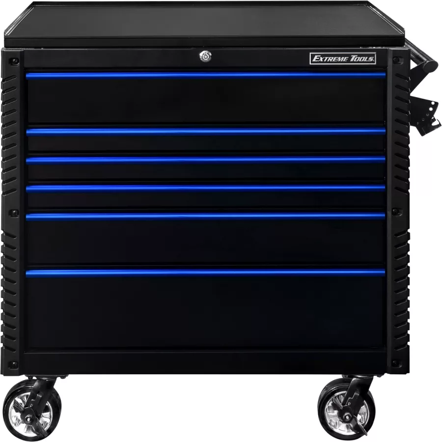 41" 6 DR TOOLCART W/BUMPERS, BLACK W/BLUE DR PULLS
