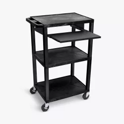 42"H AV Cart, 3 Shelves, Pullout Shelf-Black