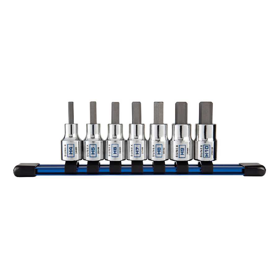 7PC 3/8\" DR Chrome Hex Bit Socket Rail - Metric