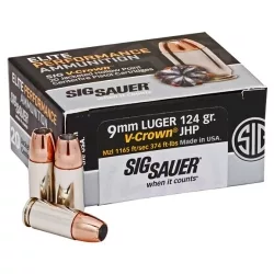 AMMO, 9MM, 124GR, ELITE V-CROWN, JHP, BOX/20