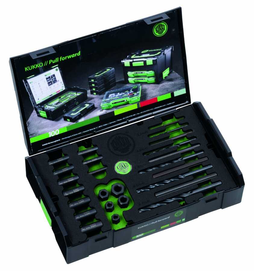 Bolt extraction set with drills and drill-guides