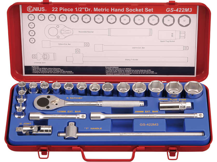 22PC 1/2" Dr. Metric Hand Socket Set