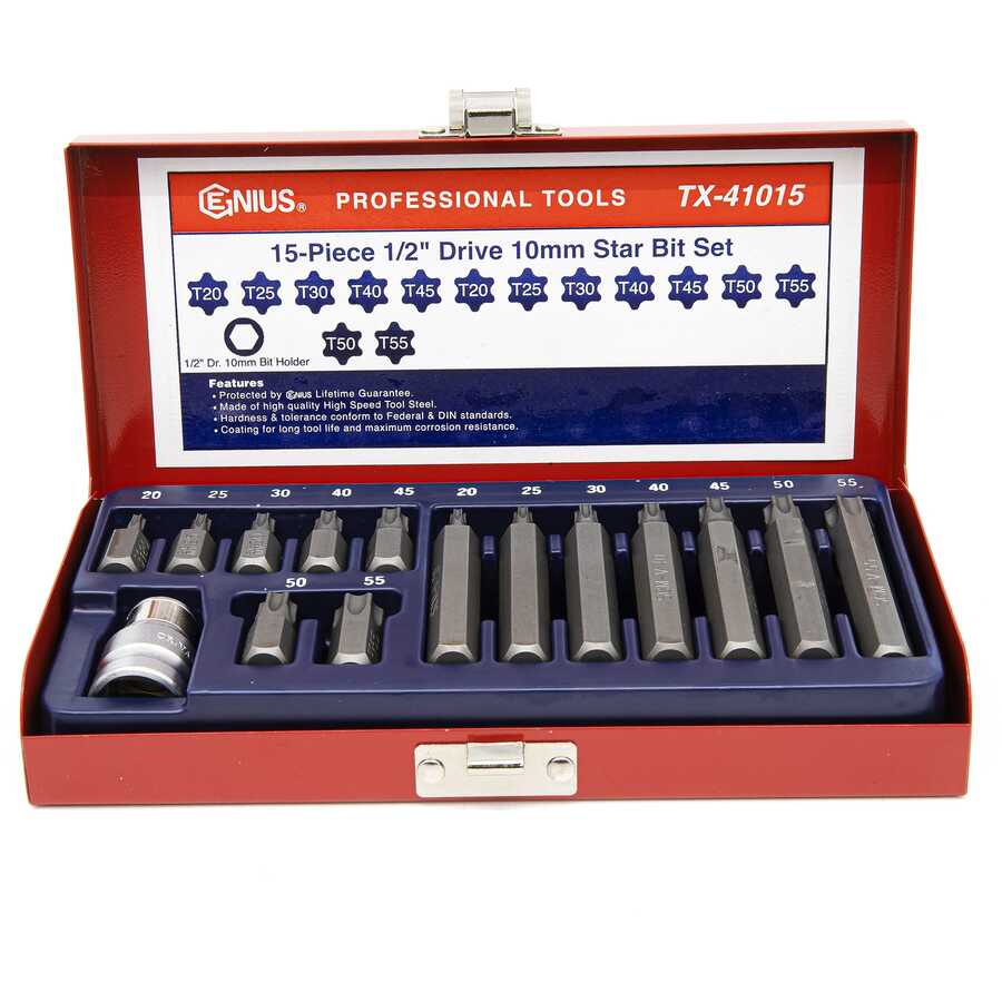 15PC 1/2" Dr. 10mm Hex Shank Star Bit Set