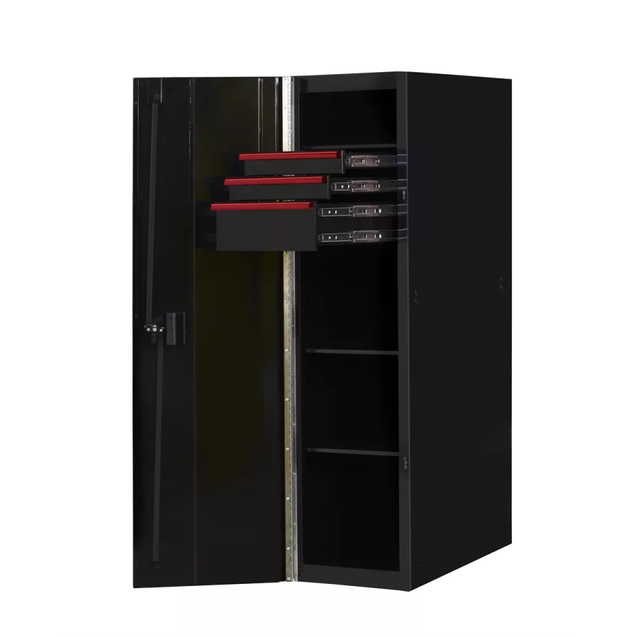 19in 3-Drawer, 2-Shelf Side Locker, Black-Red Hndl