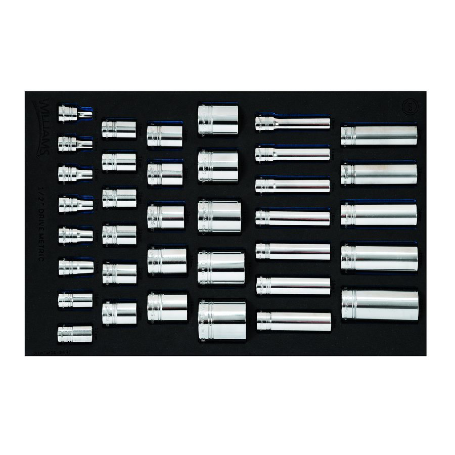 36 pc 1/2 Drive 12-Point Metric Shallow & Deep Socket Set in 1/3