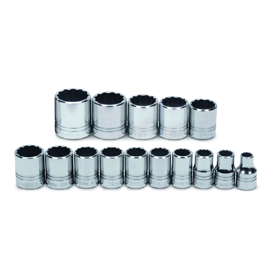 15 pc 1/2" Drive 12-Point Metric Shallow Socket Set on Rail and