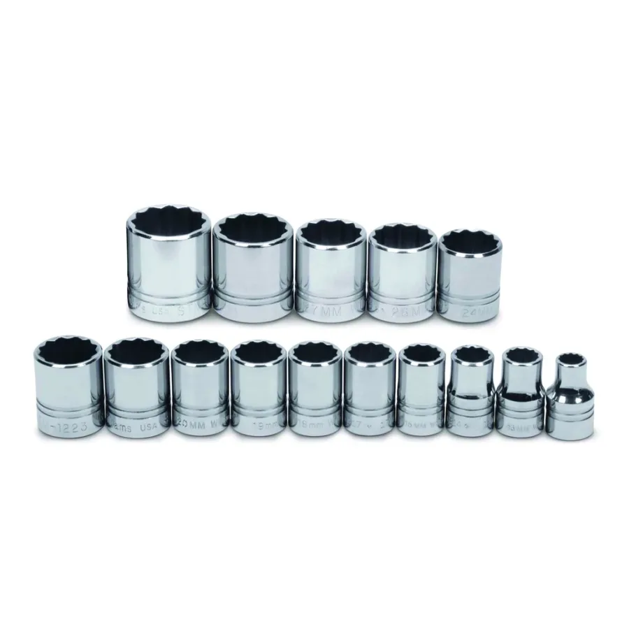 (image for) 15 pc 1/2" Drive 12-Point Metric Shallow Socket Set on Rail and