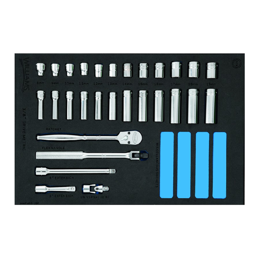 29 pc 3/8 Drive 6-Point Metric Shallow & Deep Socket Set in 1/3