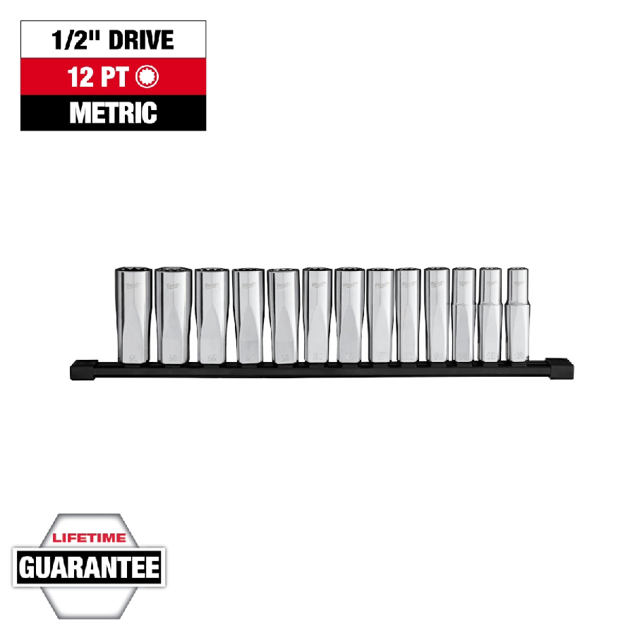 Milwaukee Tool 13pc 1/2 inch Drive 12-Point Deep Well Metric Soc
