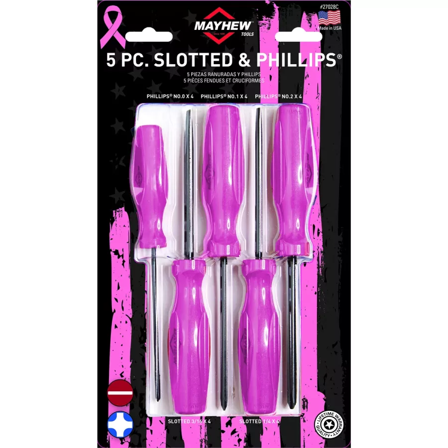 Mayhew Tools 5 PC Slotted / Phillips Screwdriver Set - Pink (image for) Mayhew Tools 5 PC Slotted / Phillips Screwdriver Set - Pink