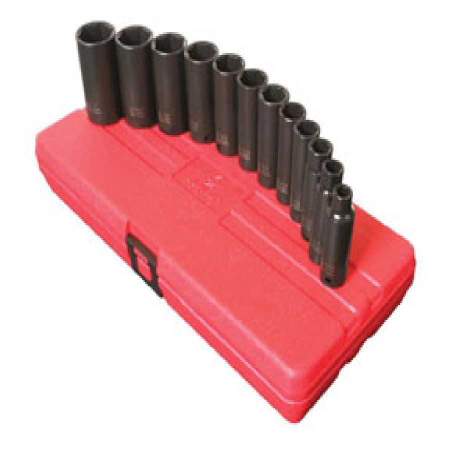 3/8 In Dr 6 Pt Deep SAE Impact Socket Set - 12-Pc