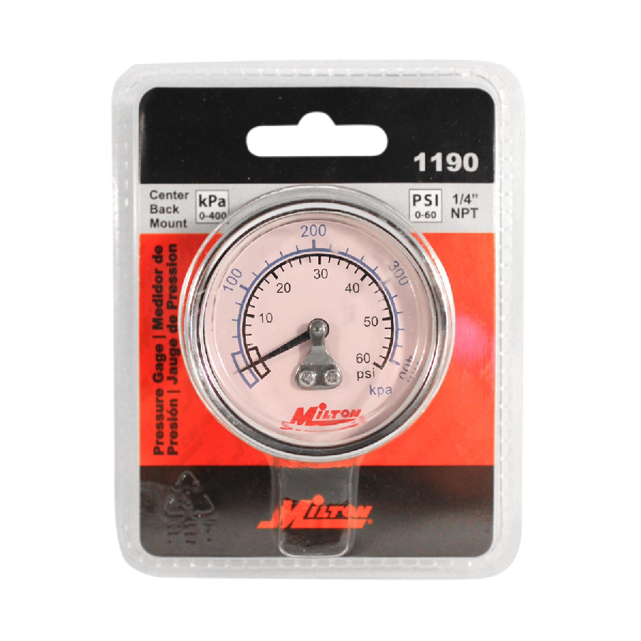 Milton Industries | 1190 | Milton 1/4" NPT Pressure Gauge 0-60 PSI Center Back