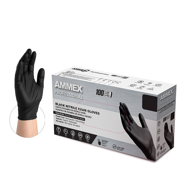 AMMEX Black Nitrile PF Exam Gloves, Medium