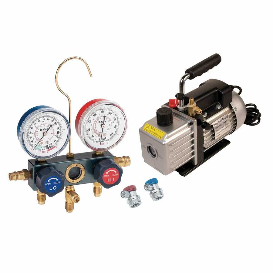 Vacuum Pump and Aluminum Block Manifold Gauge Set