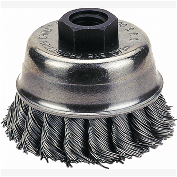 CUP BRUSH 3" KNOTTED WIRE, SINGLE ROW, 3/8"-24NF