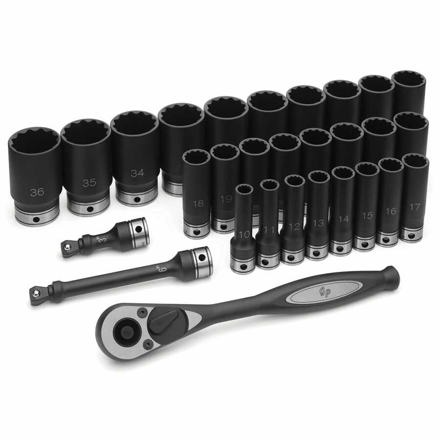 1/2 In Dr 12-Pt Deep Length Metric Duo Socket Set - 29-Pc