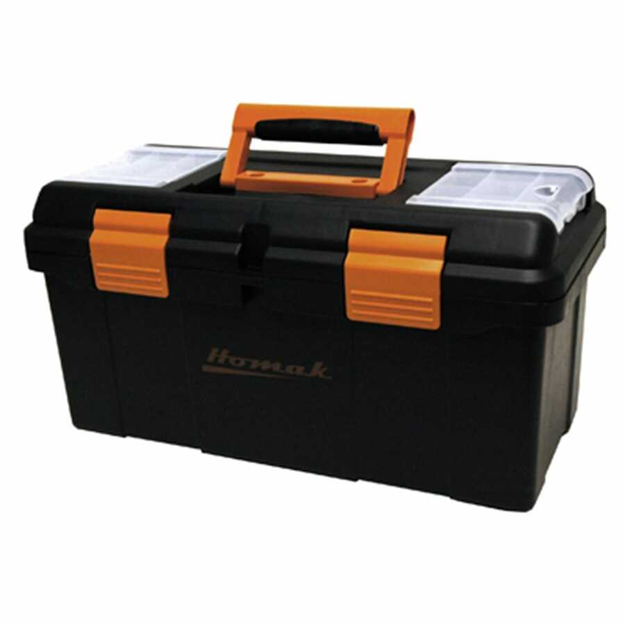 19\" Black Plastic Tool Box w/ Beveled Lid, Tray & Dividers