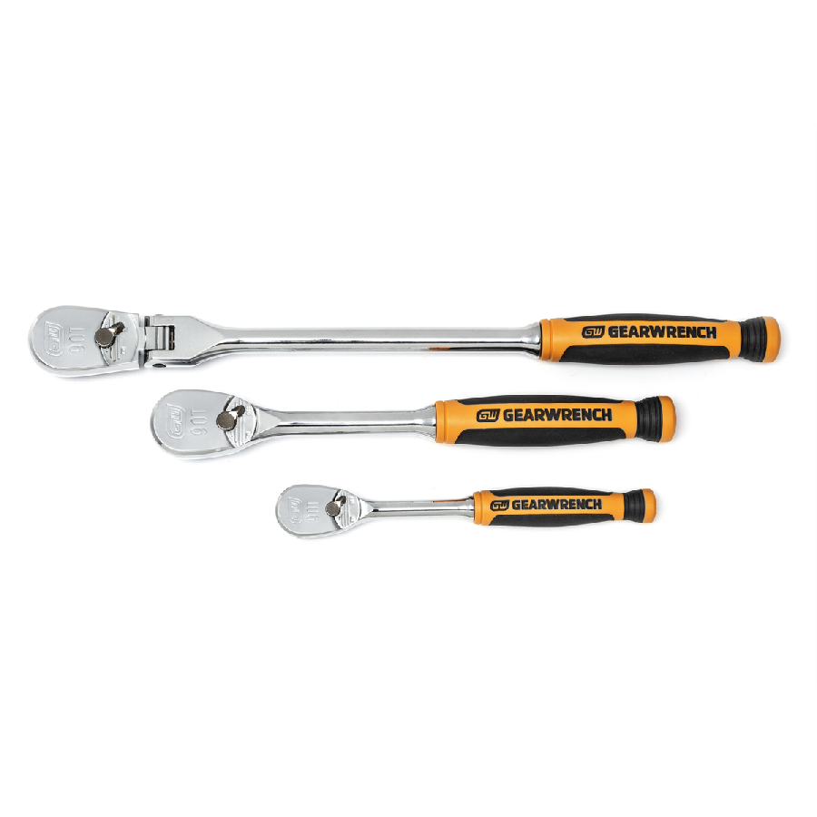 3 Pc 1/4", 3/8" 90T dual material Flex Head teardrop Ratchet Set