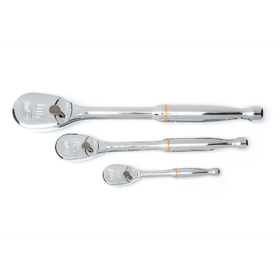 3 Piece 1/4", 3/8" & 1/2" Drive 90-Tooth Teardrop Ratchet Set