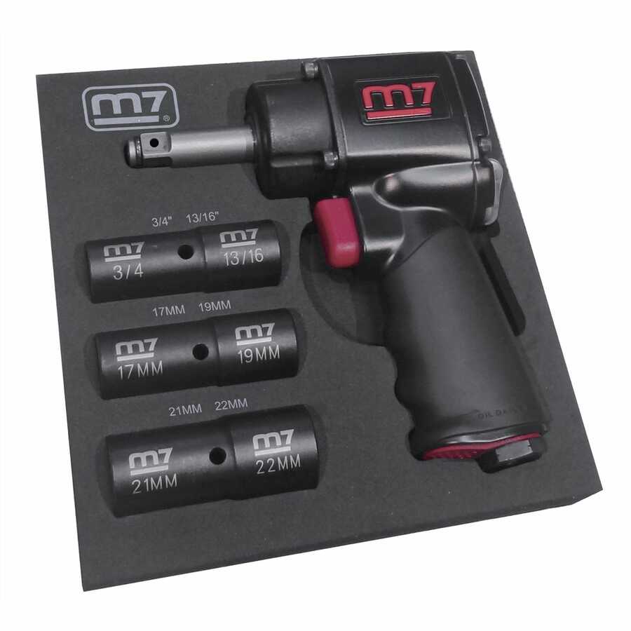 1/2 Inch Drive M7 Air Mini Impact Wrench 2 Inch Ext Anvil w 3 Fl