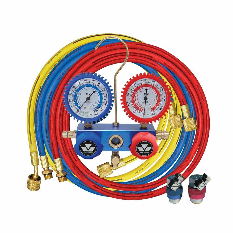 R134a FourWay Manifold Gauge Set w/ 72 In Hoses 90 Degree Coupler