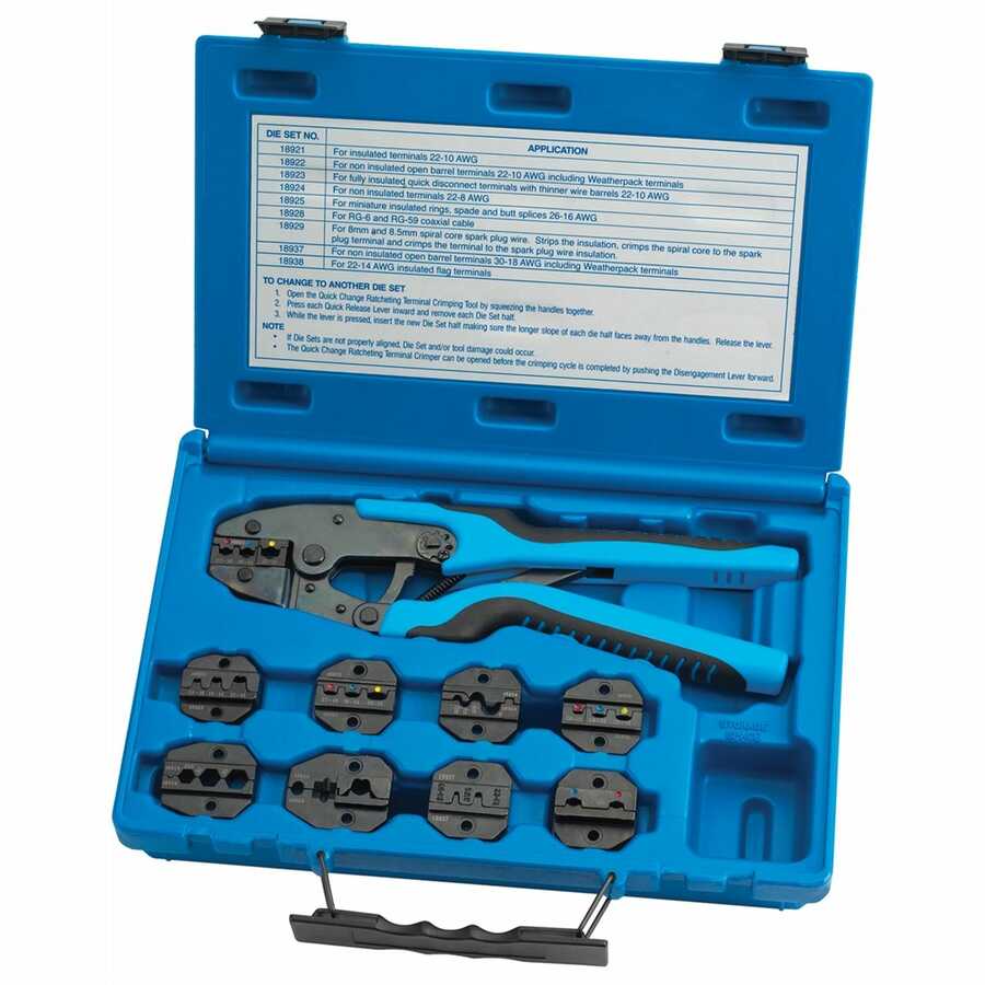 Quick Change Ratcheting Terminal Crimping Kit with 9 Die Sets
