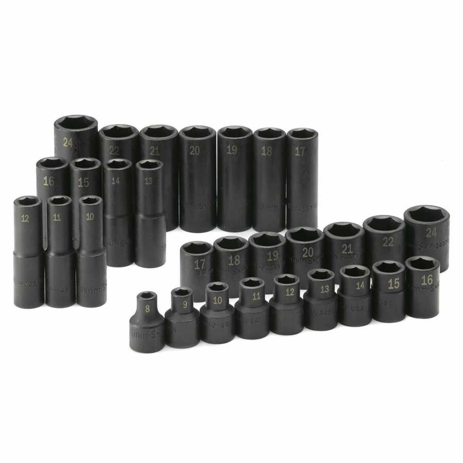 1/2 In Dr 30-Pc 6-Pt Metric Impact Socket Set - Std & Deep