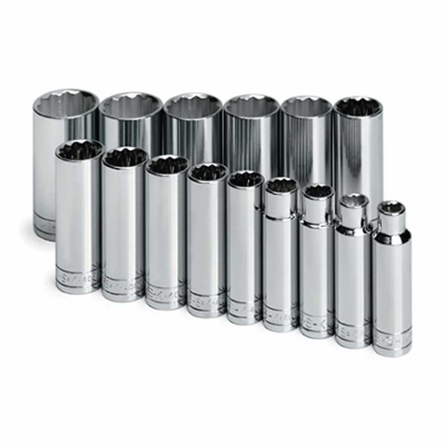 SK 1/2" Drive 12 Pt Deep Socket Set - 15 Pc SuperKrome