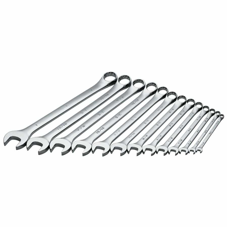 Set of 8 Chrome Wrenches Made in USA SuperKrome Finish SK Professional Tools 86048 8-Piece 12-Point Fractional Long Combination Wrench Set