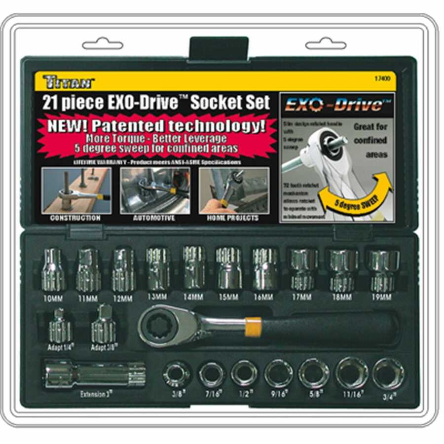 1/4, 3/8 In EXO-Drive SAE Metric Socket Set 21-Pc