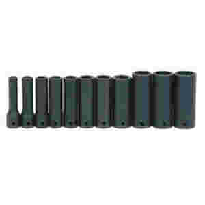 11 pc 1/2" Drive 6-Point SAE Deep Impact Socket Set on Rail and