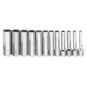 12 pc 1/4" Drive 6-Point Metric Deep Socket on Rail and Clips