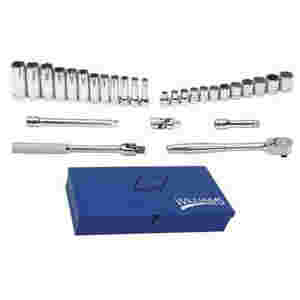3/8 Inch Drive 6 & 12 Pt Metric Socket and Drive Tool Set 29 Pc