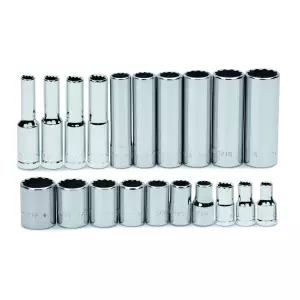 25 pc 1/4" Drive 12-Point SAE Deep Socket Set on Rail and Clips