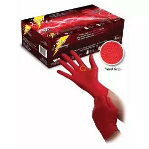 POWDER FREE RED NITRILE GLOVES WITH TREAD GRIP...