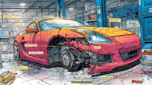 a damaged unibody rocker panel and dogleg on a vehicle. Show the outer rocker partially removed to reveal inner rocker structure, reinforcement, crushed metal, corrosion, and thick body filler cracking off. Include diagnostic tools like a tram gauge, thickness gauge, and a borescope in the scene
