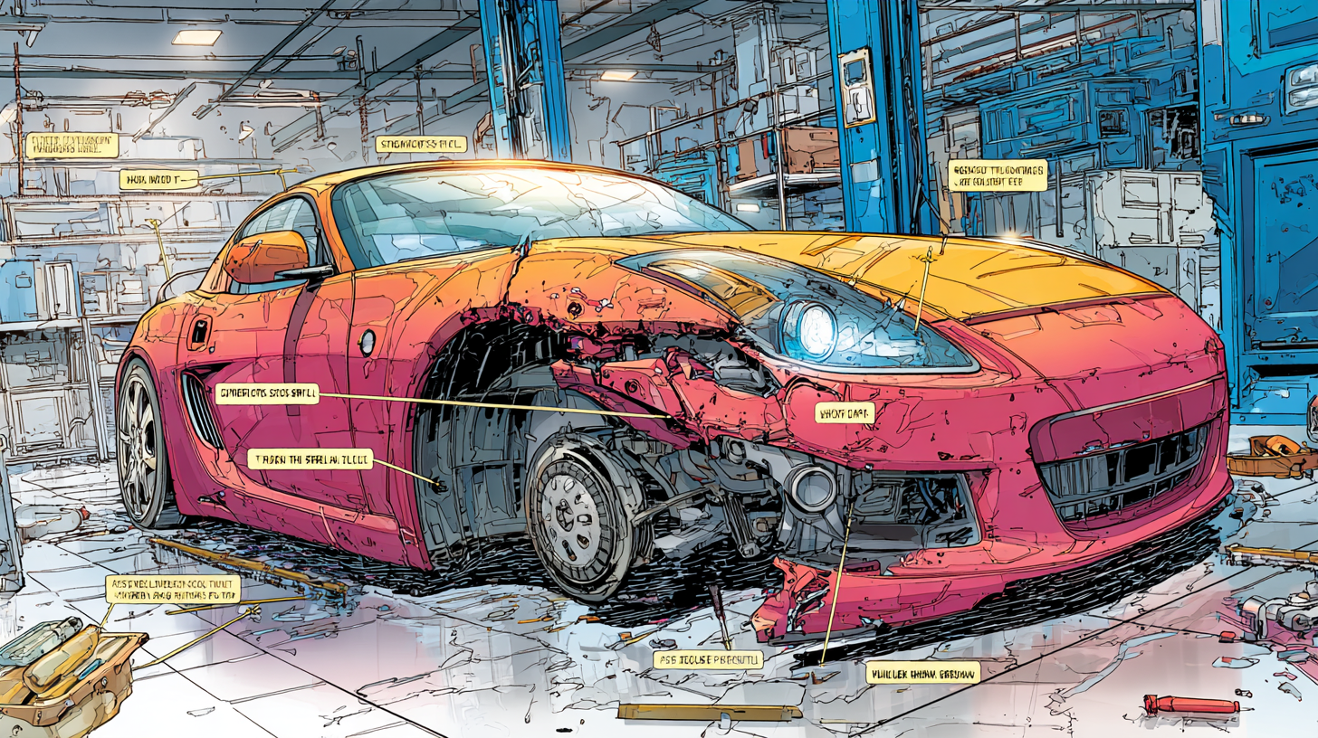 a damaged unibody rocker panel and dogleg on a vehicle. Show the outer rocker partially removed to reveal inner rocker structure, reinforcement, crushed metal, corrosion, and thick body filler cracking off. Include diagnostic tools like a tram gauge, thickness gauge, and a borescope in the scene
