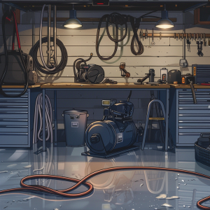 dusk light spills through a tidy home garage as overhead 5000K LED shop lights glow, a compact compressor and hose reel mounted near a sturdy workbench, organized outlets at bench height and a ceiling cord reel, floor jack and stands staged neatly, clean concrete floor with subtle reflections; cinematic low-angle 24mm shot
