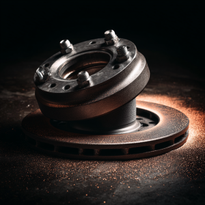 dramatic close feature of a brake rotor and hub in a 5-lug pattern, one lug missing as four torqued nuts catch a raking beam of light, deep chiaroscuro shadows carve the knurl on a new stud and the chamfer of the wheel seat
