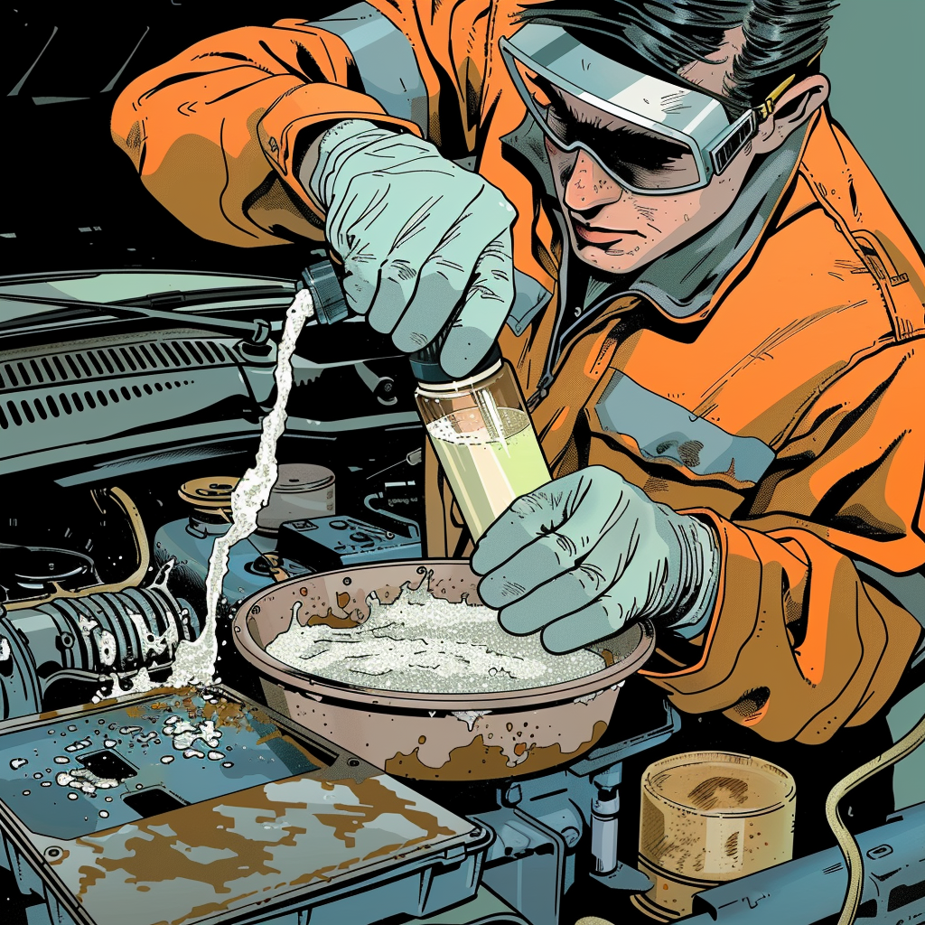 action shot of a technician in gloves and splash goggles disconnecting the negative battery cable first and applying baking-soda solution with a squeeze bottle, controlled stream fizzling on corrosion while a catch pan collects runoff, terminal puller nearby, engine off, hood up, practical shop light rim-lighting the hands